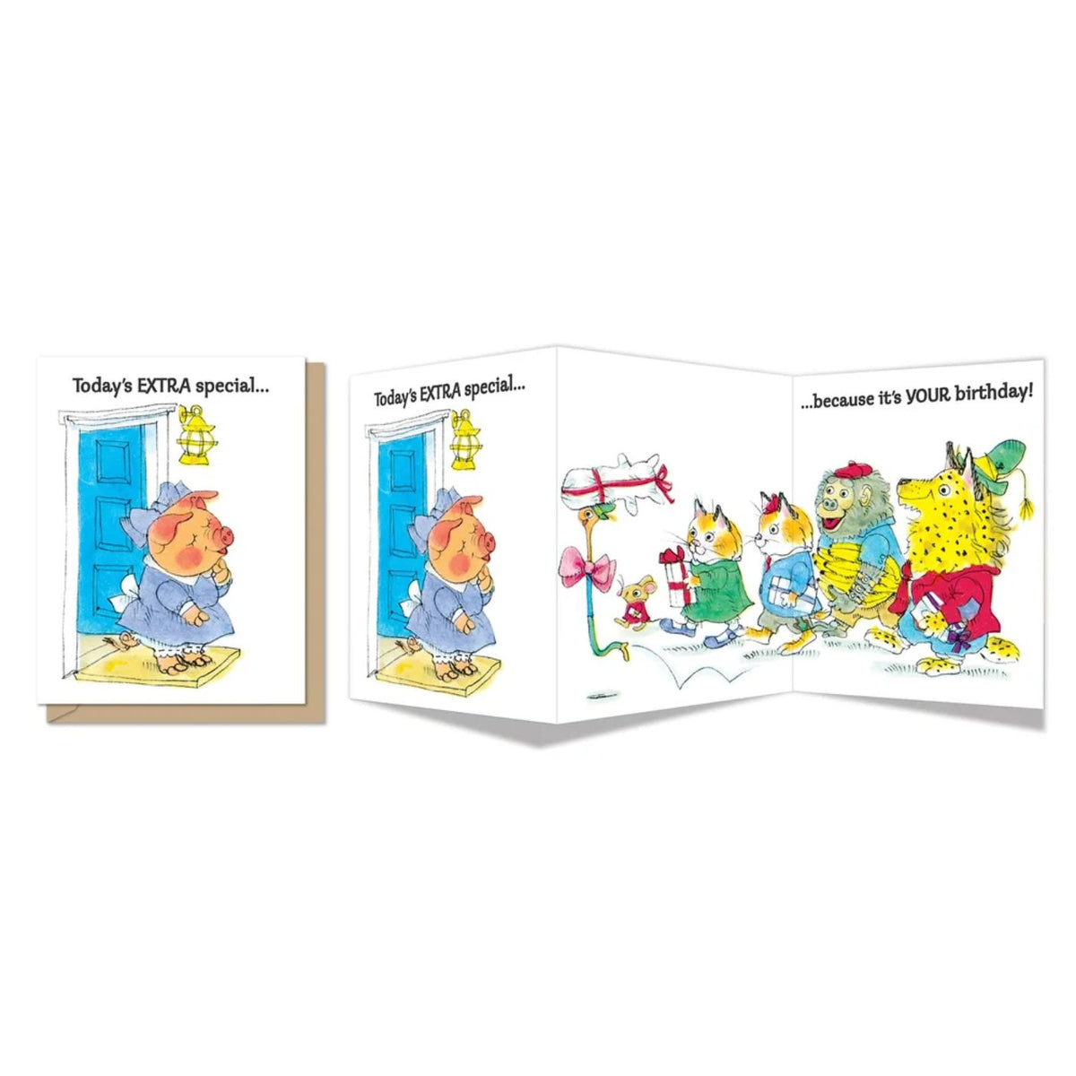 Cartoon birthday card with characters and text on a white background