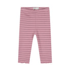 Pink ribbed knit leggings with thin dark horizontal stripes, featuring a scalloped hem and a white waistband label.