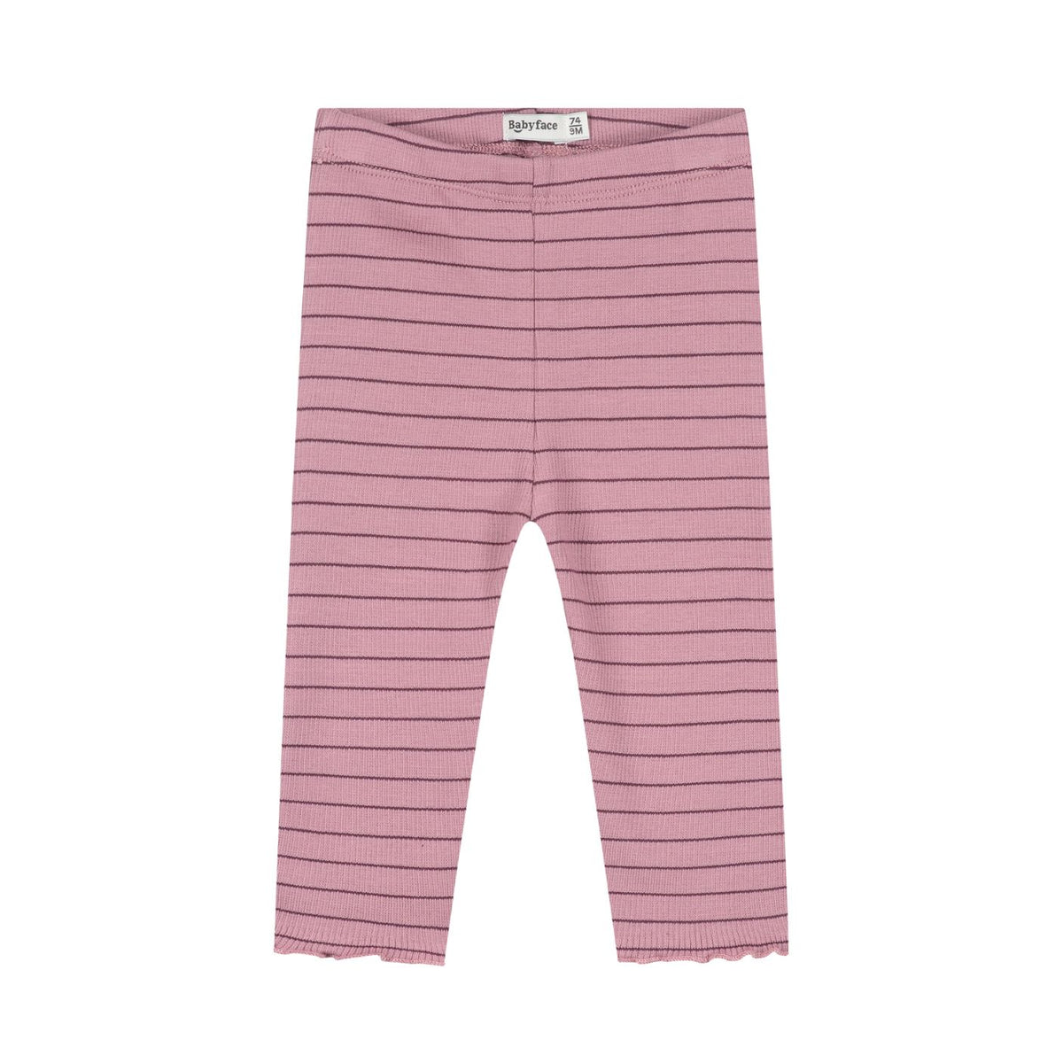 Pink ribbed knit leggings with thin dark horizontal stripes, featuring a scalloped hem and a white waistband label.