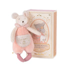 A soft pink plush toy mouse wearing a matching ruff collar and a tiny pocket on its front, standing next to its illustrated storage box featuring a picture of a mouse with a crown.
