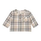 A children's long-sleeve plaid shirt in beige, cream, and gray, featuring a buttoned henley neckline and a chest pocket, shown flat on a white background.