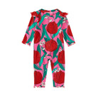 Ruffle Shoulder Baby Romper in Tulip Twist pink with bold red tulips and green leaves by Tea Collection