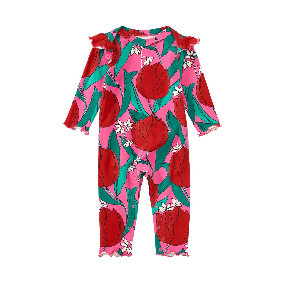 Ruffle Shoulder Baby Romper in Tulip Twist pink with bold red tulips and green leaves by Tea Collection