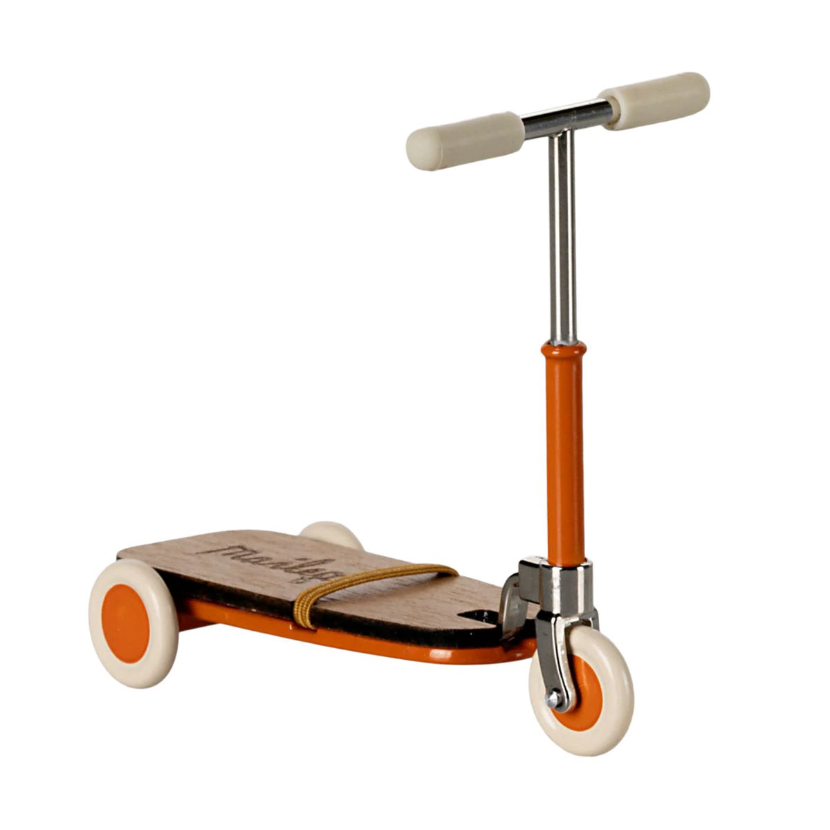 Children's scooter with wooden deck and orange accents on a white background