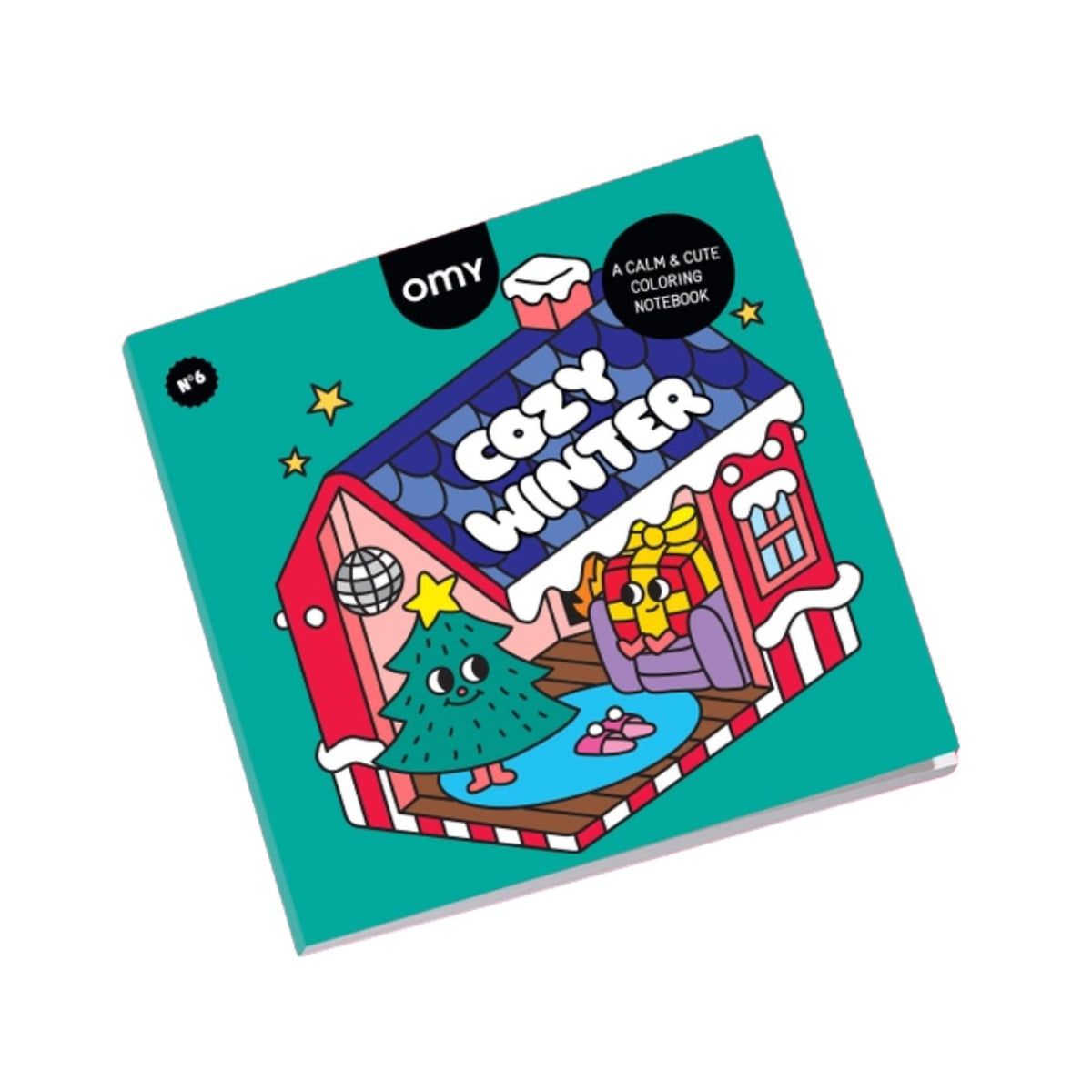 A square product photo of the "Cozy Winter: A Calm and Cute Coloring Book by OMY" featuring a turquoise cover with playful winter illustrations, including a smiling Christmas tree, a gift box, and whimsical characters against a white background.