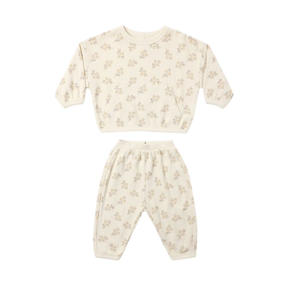 Quincy Mae Waffle Slouch Set in the honey flower print, featuring a cozy long-sleeve top and matching pants made from soft organic cotton.