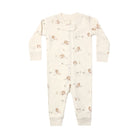 A long-sleeve baby zip sleeper featuring a neutral animal print pattern on an ivory fabric.