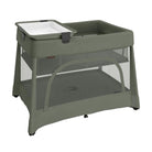 An olive green UPPAbaby Remi V2 Playard shown with an attached changing station and bassinet insert on a white background.