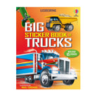 Front cover of the Usborne book 'Big Sticker Book of Trucks' with colorful illustrated trucks on a yellow-to-orange gradient background and text indicating over 85 stickers.