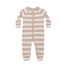 A baby long-sleeve footless sleeper with horizontal rust-brown and off-white stripes, featuring a snap-button front and a wide collar, shown on a plain white background.