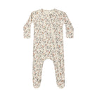 A long-sleeve, footed baby sleeper in a natural hue featuring a delicate botanical holiday floral print, shown flat against a white background.