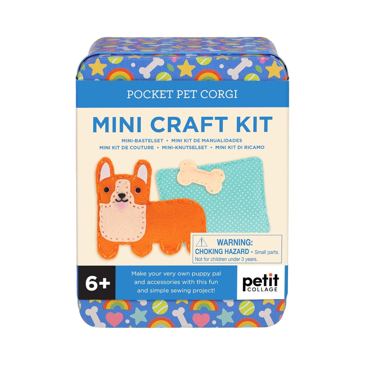 Mini craft kit packaging with a corgi design on a white background
