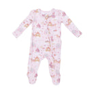 A baby long-sleeve footed sleeper in light pink with a whimsical print of castles, carriages, and fairies, shown flat on a white background.