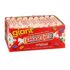 A bulk box of Giant Smarties Original lollipops, showing multiple colorful lollipops inside a red cardboard container with the brand logo.