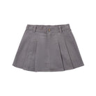 A gray pleated corduroy mini skirt with a button closure, shown flat against a plain white background.
