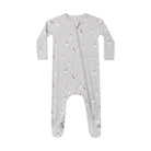 A light grey Quincy Mae bamboo zip footie featuring an all-over wintery snowman print, viewed flat against a white background.