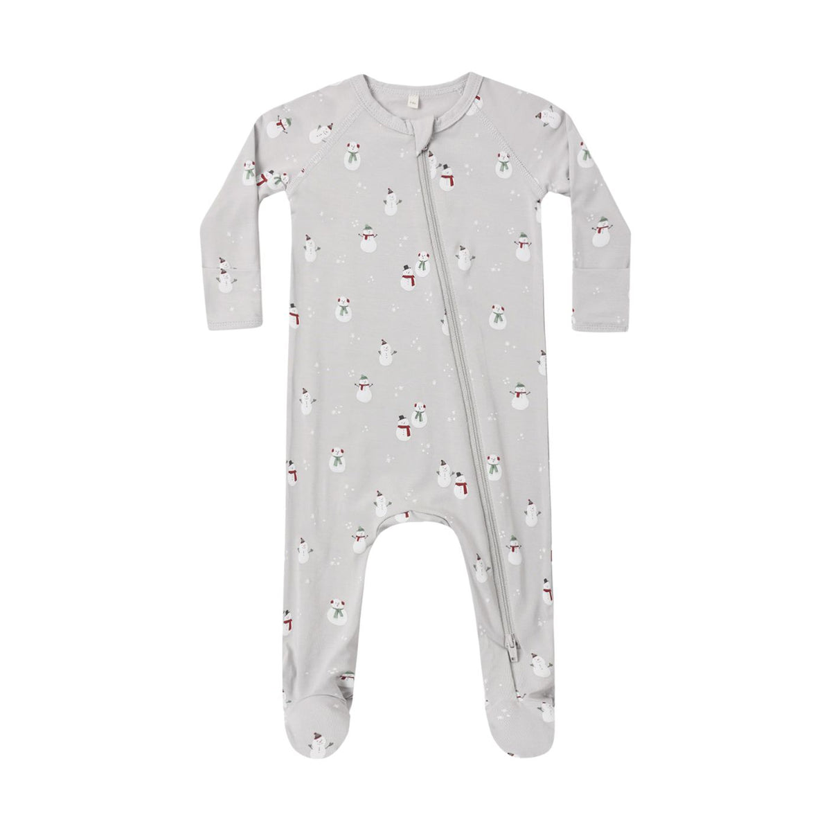 A light grey Quincy Mae bamboo zip footie featuring an all-over wintery snowman print, viewed flat against a white background.