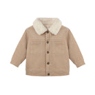 Front view of the Ezrah Jacket in latte corduroy by Quincy Mae, featuring a cream-colored shearling collar, matching body lining, patch pockets, and antique brass snap closures.