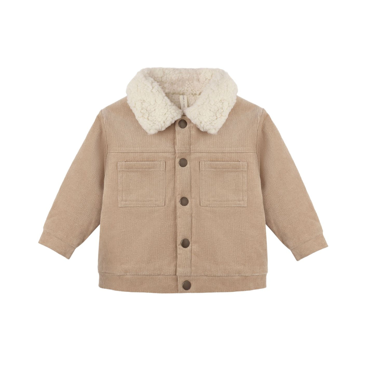 Front view of the Ezrah Jacket in latte corduroy by Quincy Mae, featuring a cream-colored shearling collar, matching body lining, patch pockets, and antique brass snap closures.
