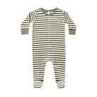 Front view of a long-sleeve baby footie in a green and white horizontal stripe pattern with solid green ribbed cuffs and neckline.