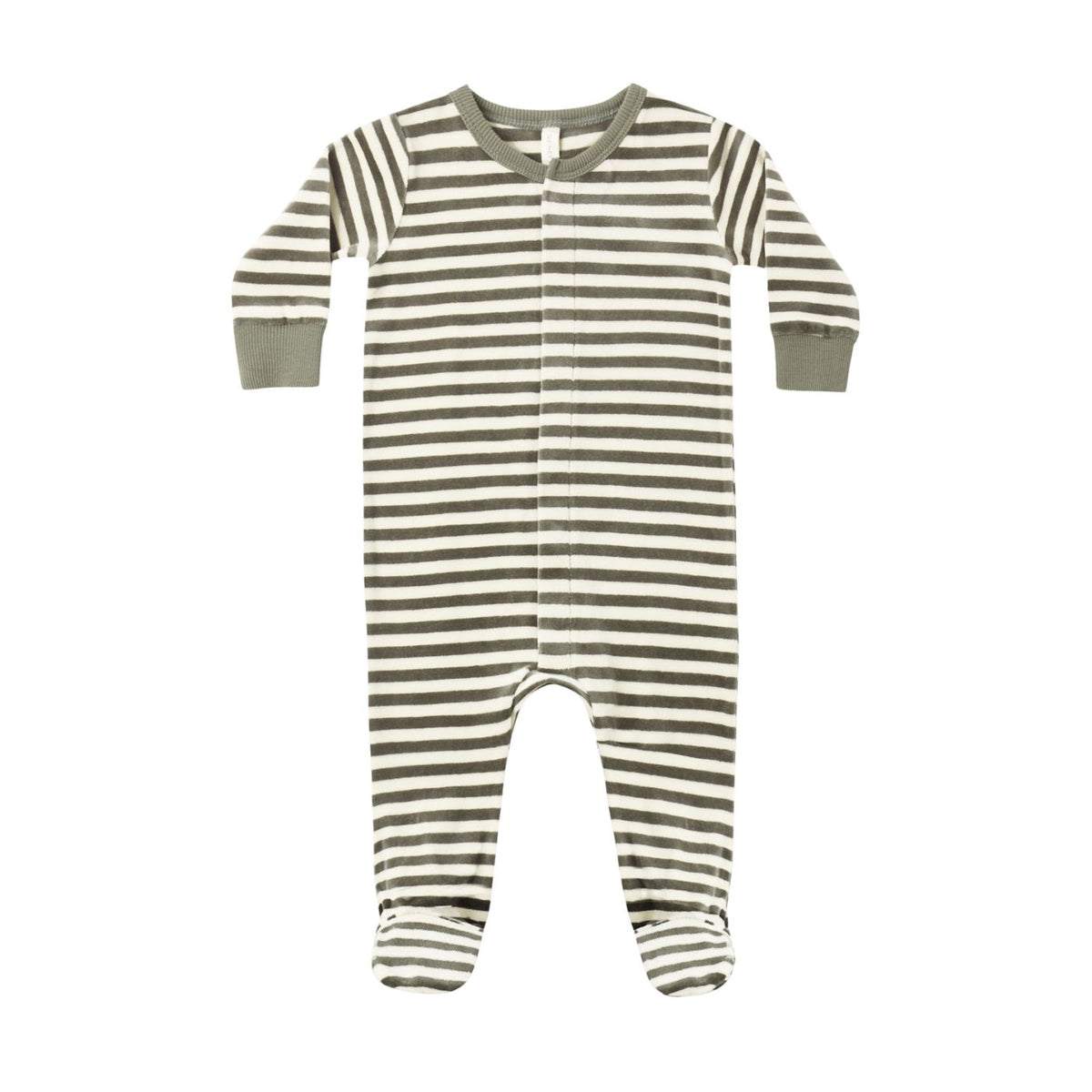 Front view of a long-sleeve baby footie in a green and white horizontal stripe pattern with solid green ribbed cuffs and neckline.