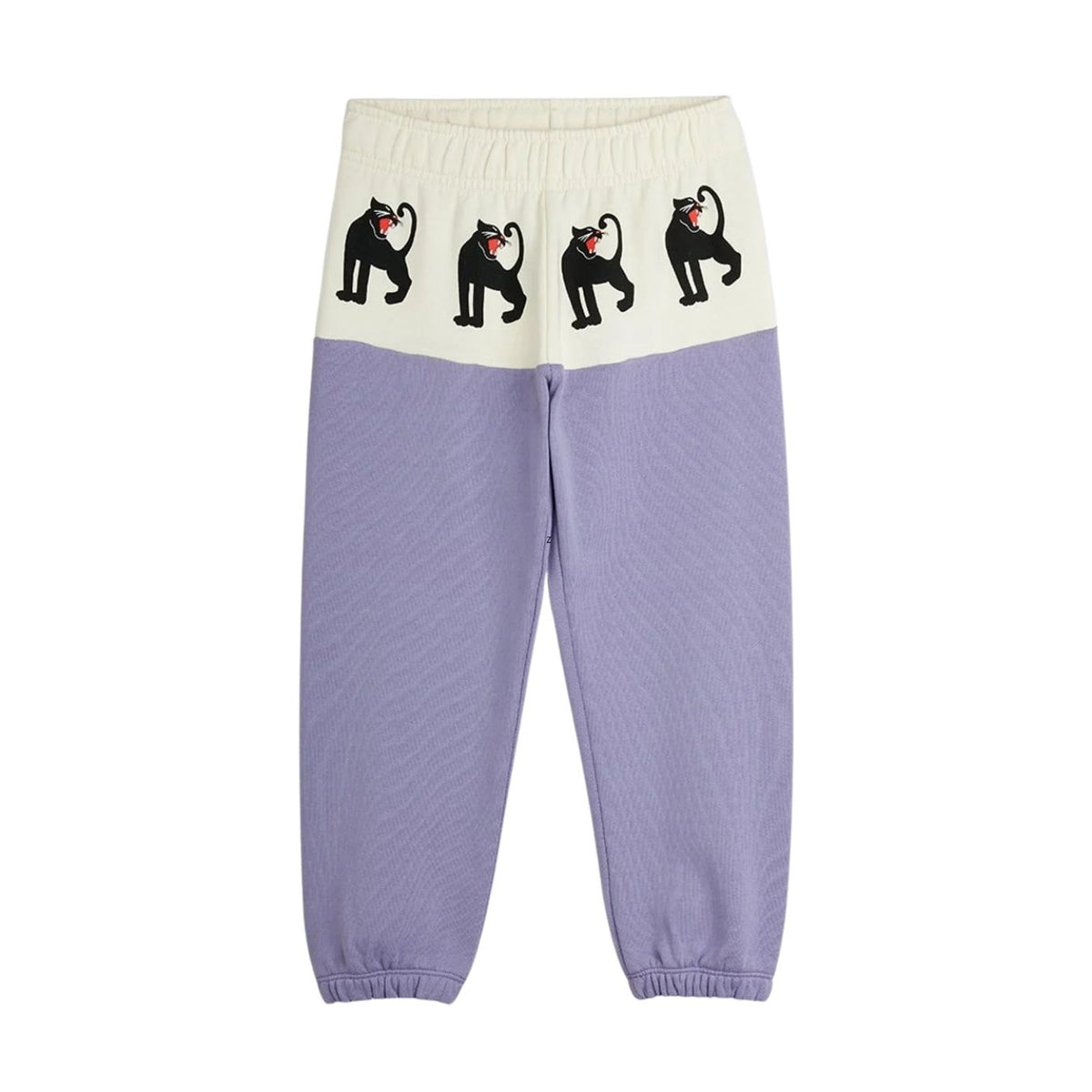 A pair of color-block sweatpants with a light purple lower half and an off-white upper half featuring four black cat illustrations. The pants have elastic waistbands and cuffed ankles.
