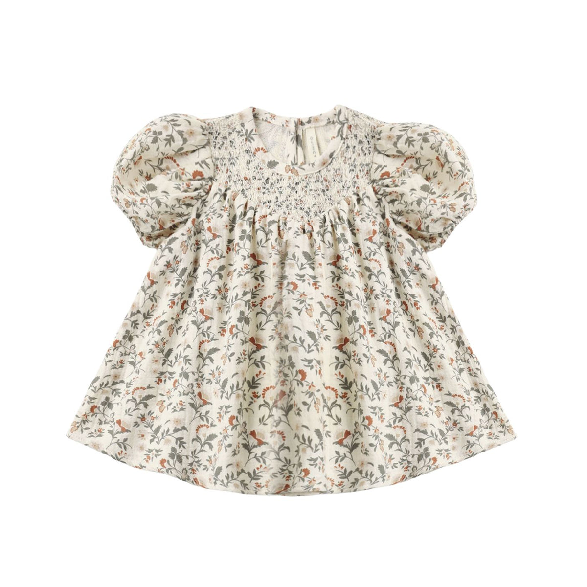 Carina Dress - Holiday Floral by Quincy Mae featuring a festive floral print on a natural hue, designed with a babydoll silhouette, short bubble sleeves, and diamond smocking around the neckline.