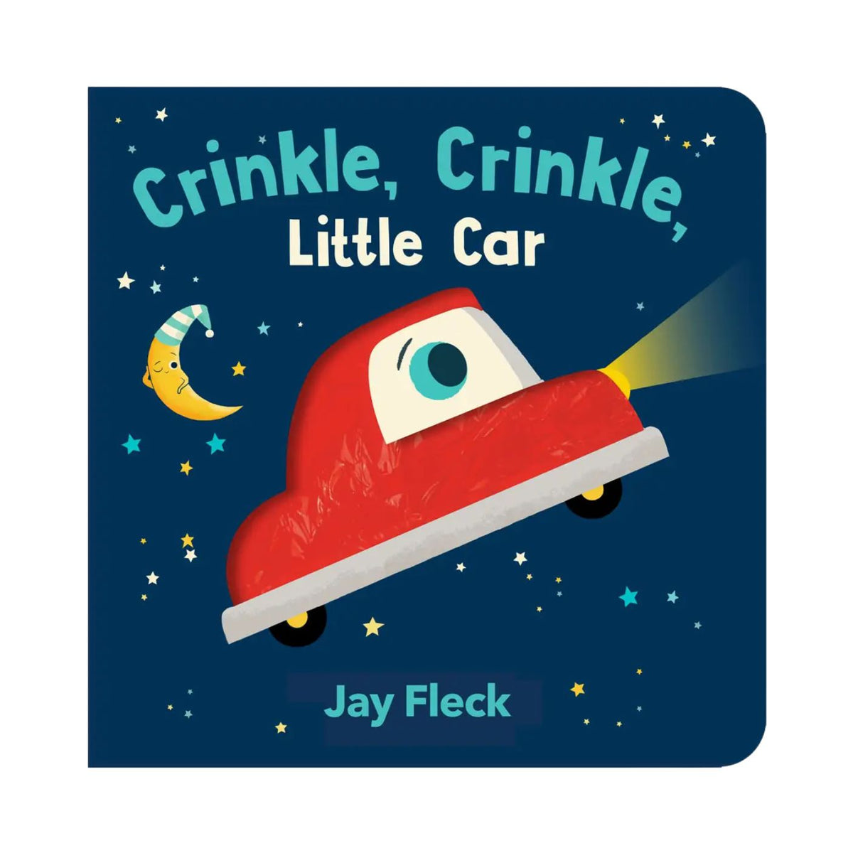 Book cover of 'Crinkle, Crinkle, Little Car' with a red car illustration on a dark blue background.