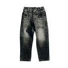 A pair of high-waisted, straight-leg jeans in a washed black denim wash, shown flat against a solid white background.