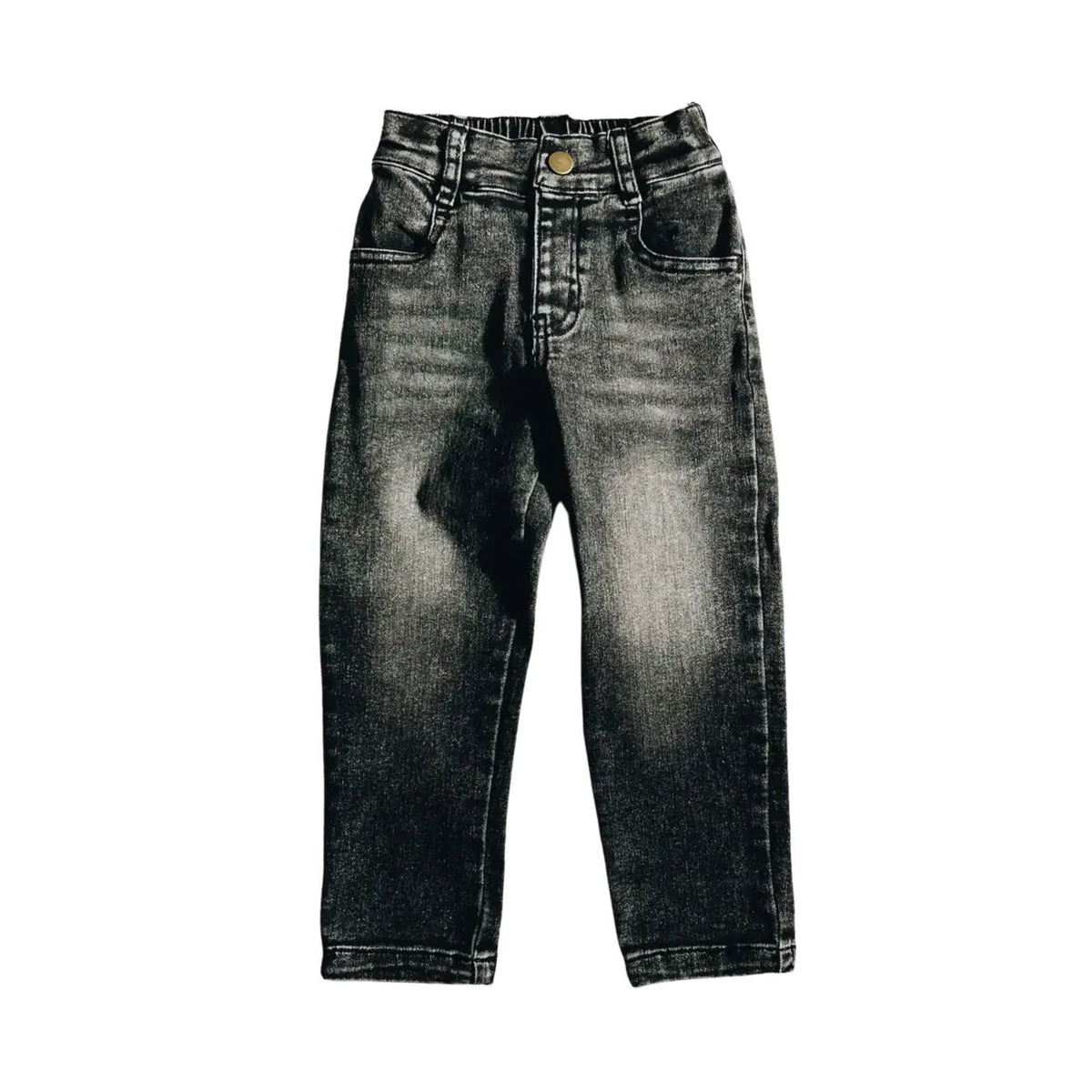 A pair of high-waisted, straight-leg jeans in a washed black denim wash, shown flat against a solid white background.