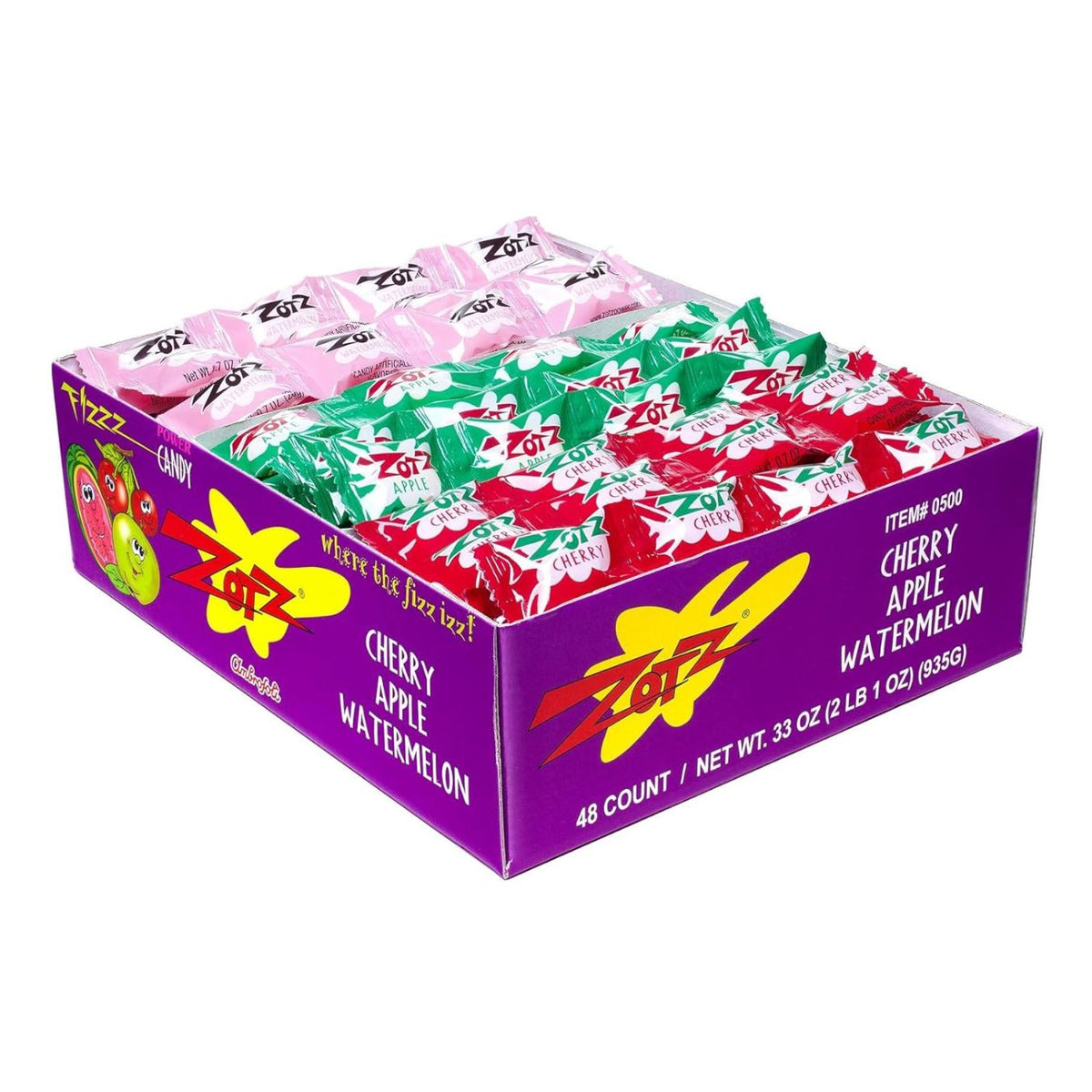 A box of Zoff Cherry Apple Watermelon candy, showing a 48-count display of individually wrapped candies in pink, green, and red, set against a plain white background.