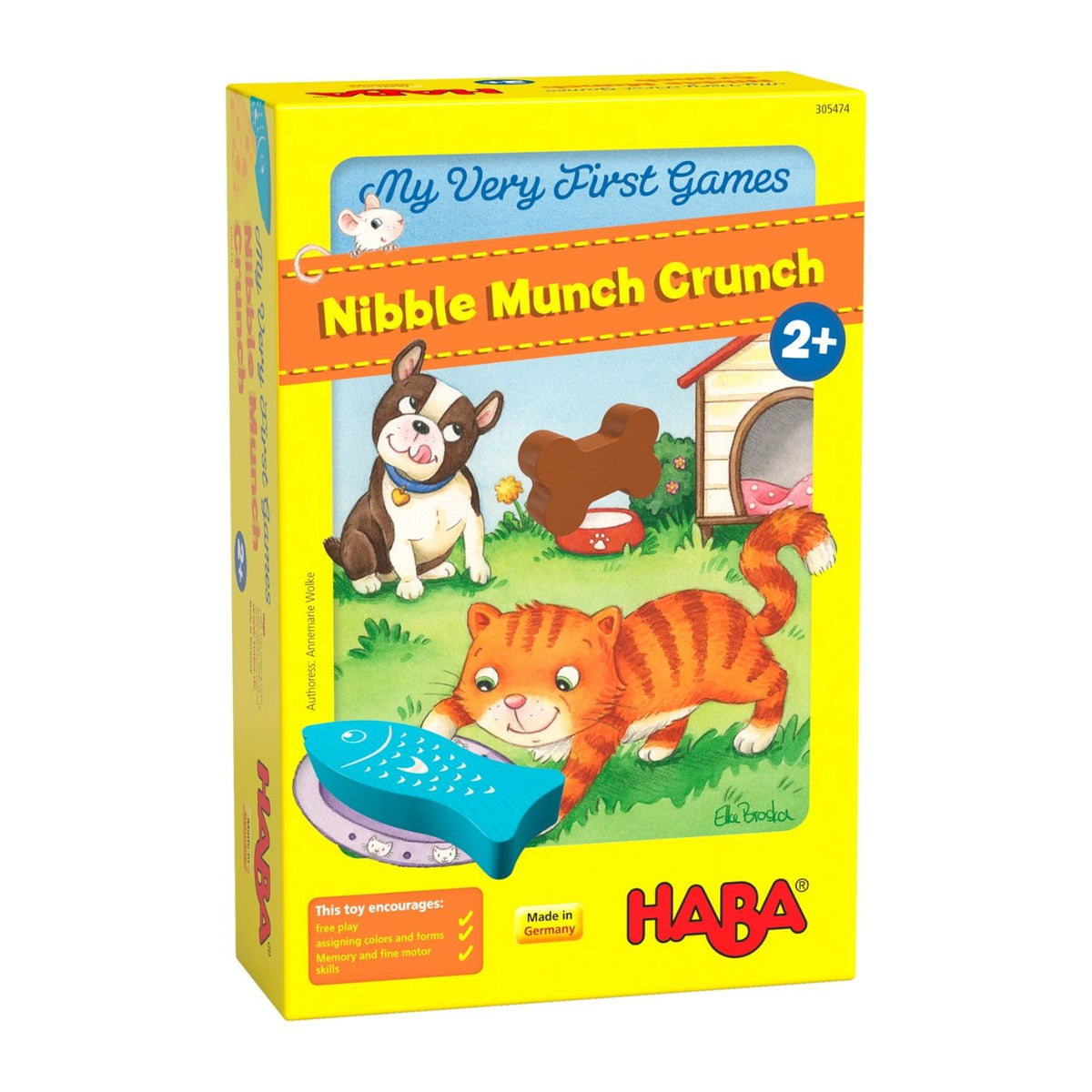 HABA children's game box titled 'Nibble Munch Crunch' with cartoon animals on a yellow background
