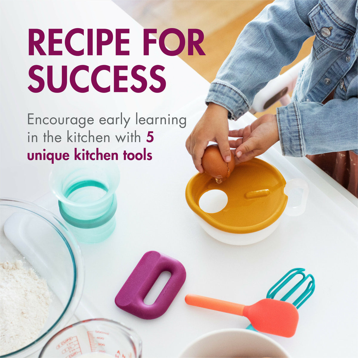 Children's kitchen tools with text about encouraging early learning in the kitchen.
