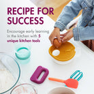 Children's kitchen tools with text about encouraging early learning in the kitchen.