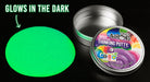 Crazy Aaron's Thinking Putty with a glowing green putty sample on a black background