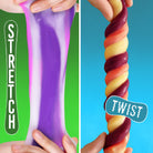 Two images showing colorful slime being stretched and twisted against green and blue backgrounds.