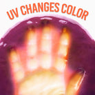 Handprint under a UV light with text 'UV Changes Color' on a white background