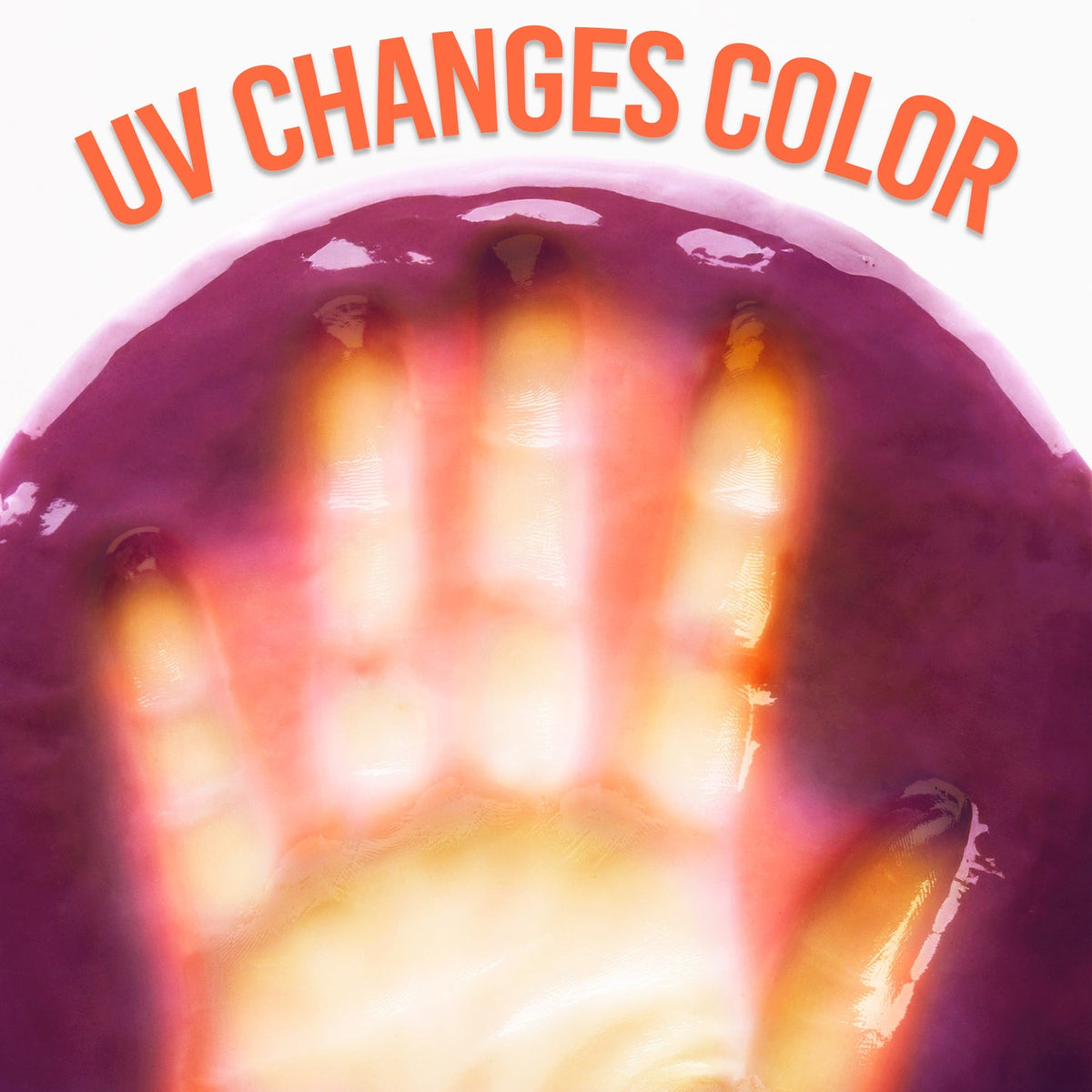 Handprint under a UV light with text 'UV Changes Color' on a white background