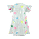 Translucent dress with colorful star patterns on a white background