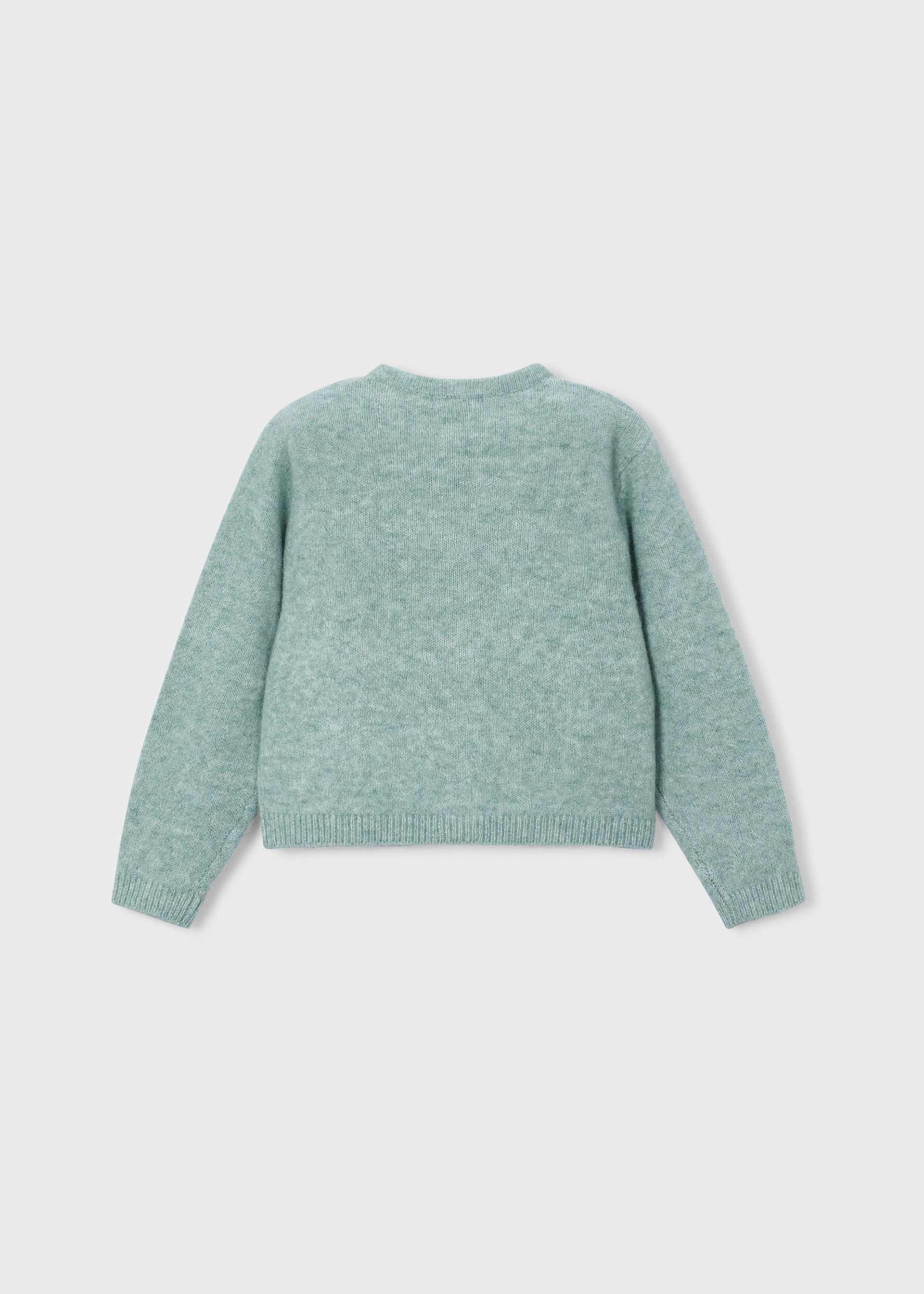 A light mint green knit sweater shown from the back, laid flat against a light gray background.