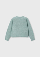A light mint green knit sweater shown from the back, laid flat against a light gray background.