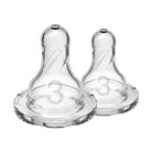 Two clear baby bottle nipples with number '3' on a white background