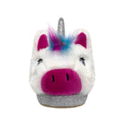 Plush toy unicorn with a colorful horn on a white background