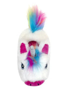 Plush toy unicorn with a colorful mane on a white background