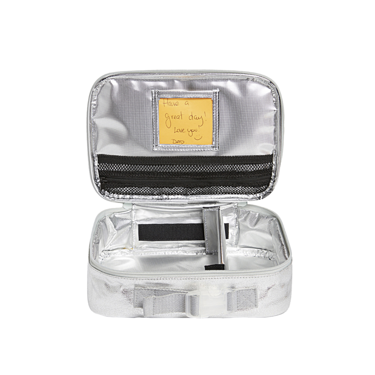Silver toiletry bag with a black item inside on a white background