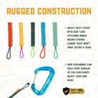 Colorful straps with carabiners on a beige background, highlighting rugged construction features.