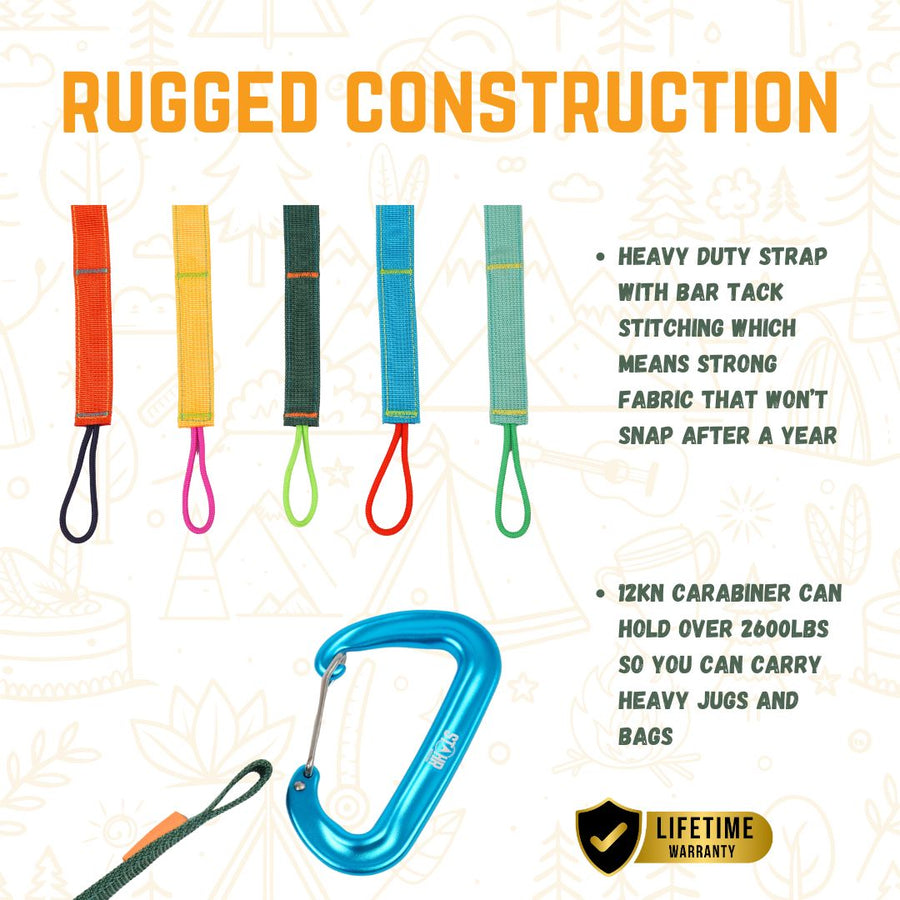 Colorful straps with carabiners on a beige background, highlighting rugged construction features.