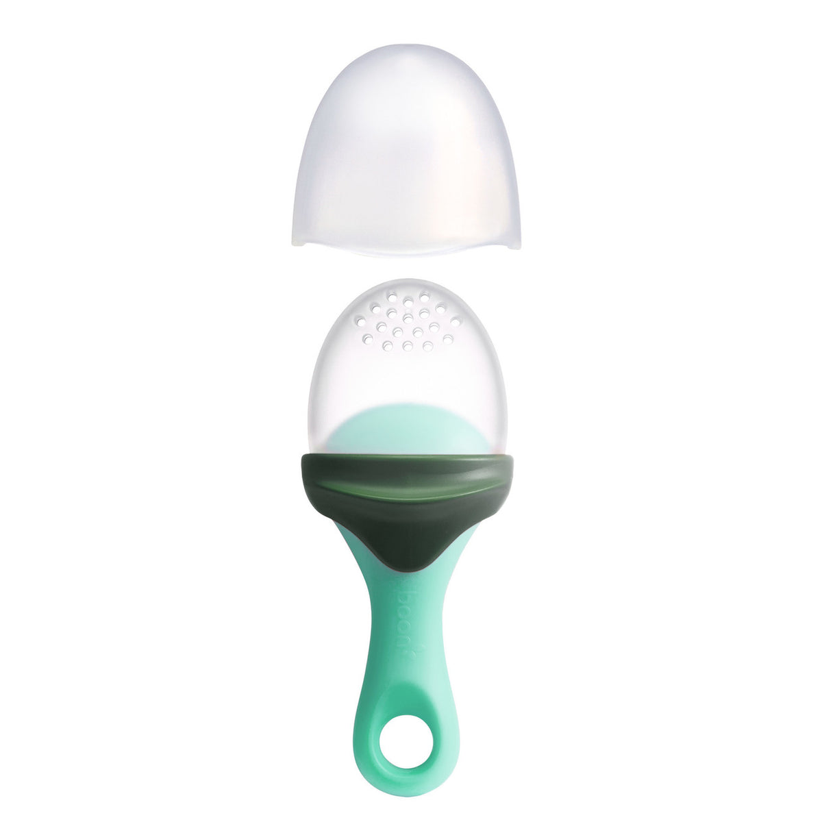 A silicone baby teether or sensory toy shown disassembled on a plain white background, featuring a mint green handle, a dark green collar, a clear dome with small raised bumps, and a translucent white cap above.