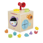 Wooden shape sorting cube with colorful shapes on a white background