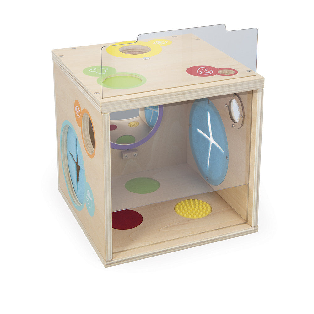 Wooden sensory cube with various textured and colored panels on a white background